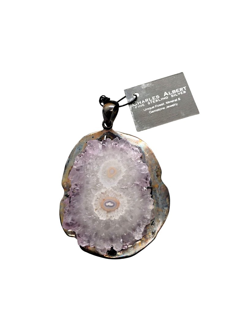 Charles Albert Sterling Silver Pendant W/Raw Quartz Amethyst Geode Slice 3.75"